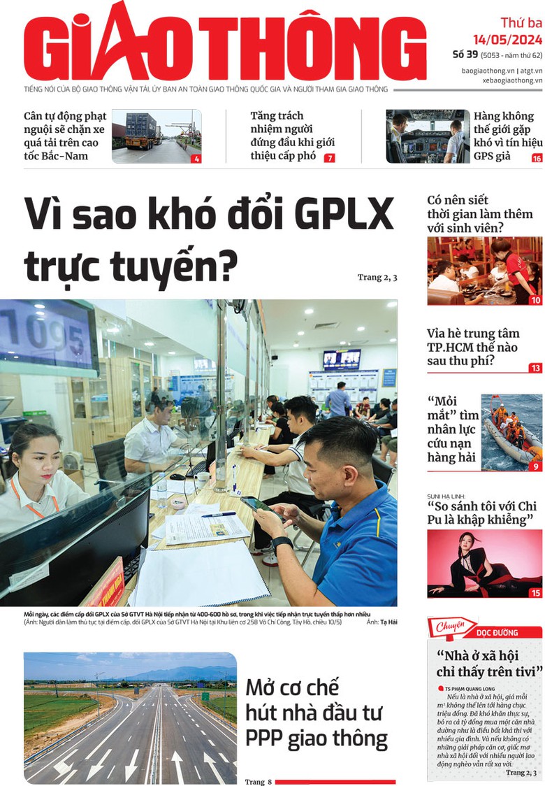 Trang nhất B&aacute;o Giao th&ocirc;ng số 39 ra ng&agrave;y 14/5/2024.