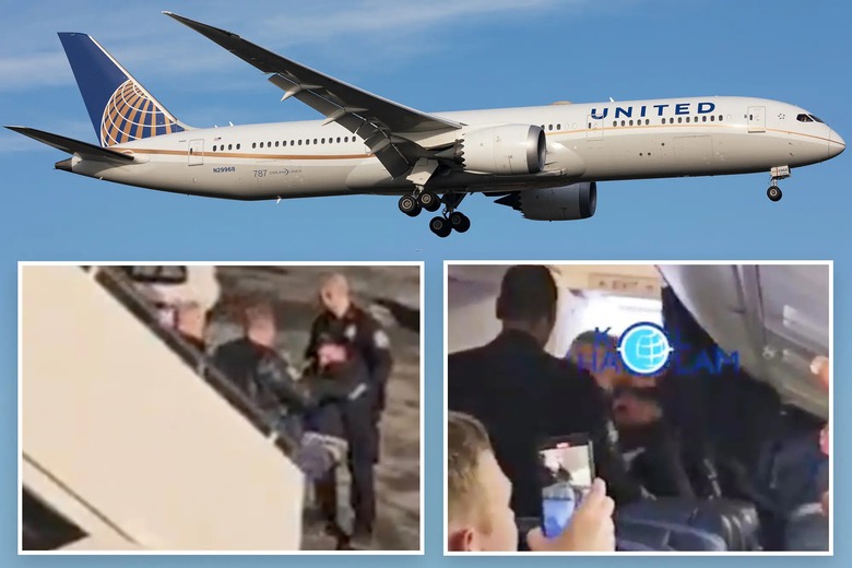 Người đ&agrave;n &ocirc;ng bị trấn &aacute;p, bắt giữ sau khi c&oacute; h&agrave;nh vi v&agrave; lời lẽ th&aacute;ch thức, đe dọa phi h&agrave;nh đo&agrave;n v&agrave; chuyến bay. (Ảnh: New York Post)