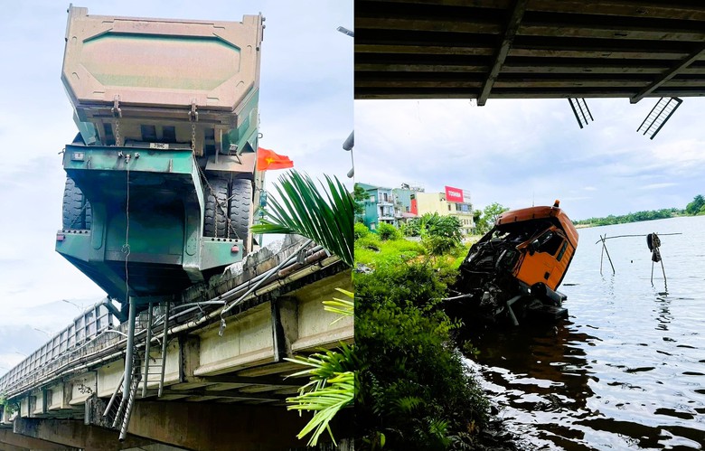 Đ&acirc;m g&atilde;y lan can cầu, đầu xe k&eacute;o rơi xuống đất, sơ-mi rơ-mo&oacute;c vắt vẻo tr&ecirc;n th&agrave;nh- Ảnh 2.