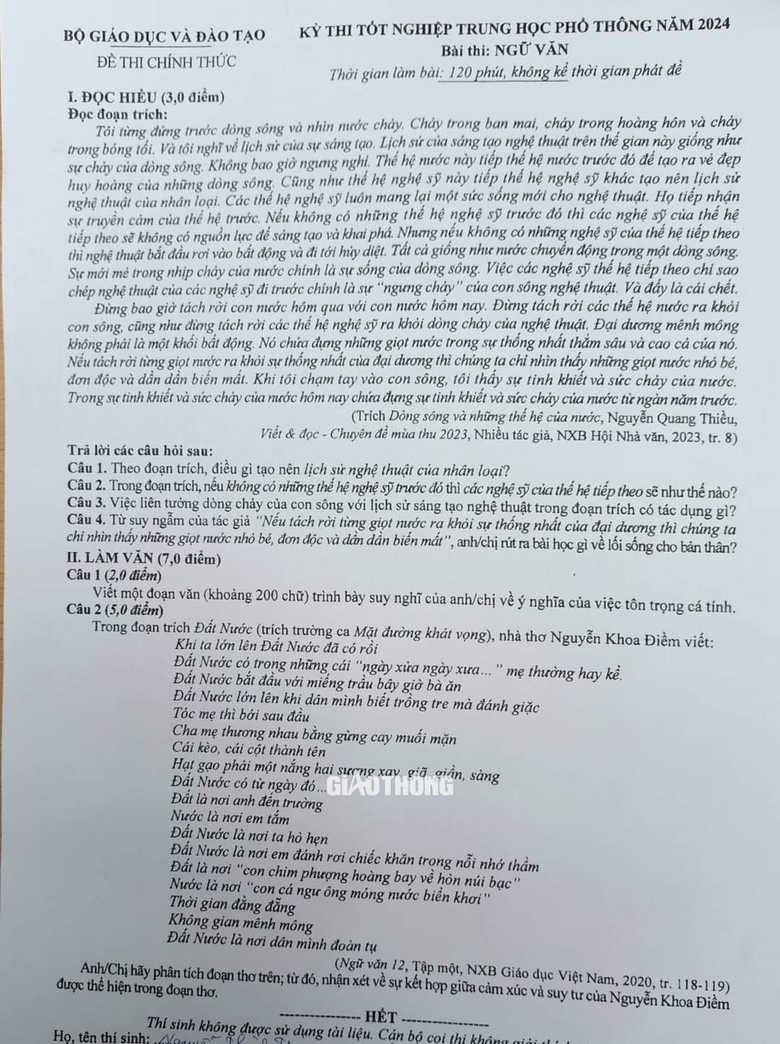 Đ&aacute;p &aacute;n m&ocirc;n Ngữ Văn tốt nghiệp THPT 2024 chuẩn x&aacute;c nhanh nhất- Ảnh 5.