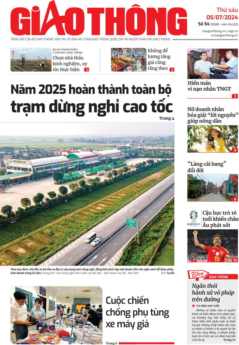 Trang nhất B&aacute;o Giao th&ocirc;ng số 54 ra ng&agrave;y 5/7/2024.