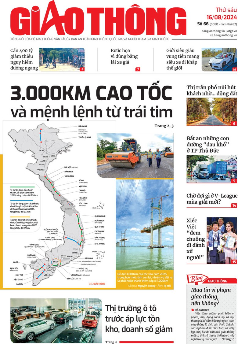 Trang nhất B&aacute;o Giao th&ocirc;ng số 66 ra ng&agrave;y 16/8/2024.