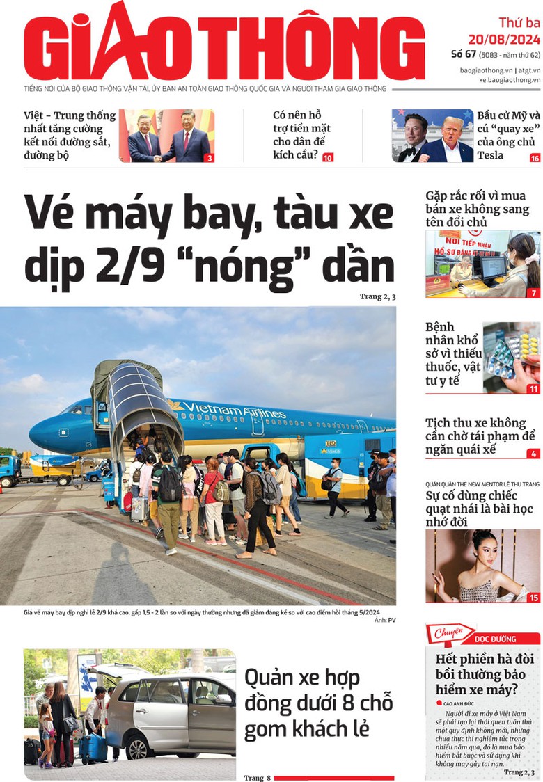 Trang nhất B&aacute;o Giao th&ocirc;ng số 67 ra ng&agrave;y 20/8/2024.
