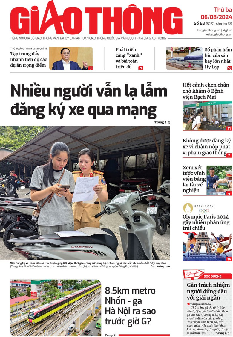 Trang nhất B&aacute;o Giao th&ocirc;ng số 63 ra ng&agrave;y 6/8/2024.