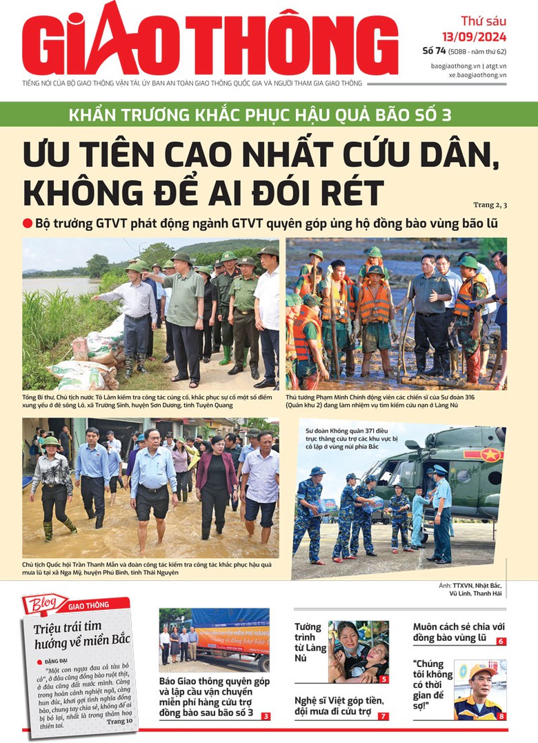 Trang nhất B&aacute;o Giao th&ocirc;ng số 74 ra ng&agrave;y 13/9/2024.