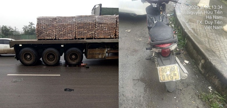 Thi thể nạn nh&acirc;n mắc lại dưới b&aacute;nh xe đầu k&eacute;o v&agrave; chiếc xe m&aacute;y của nạn nh&acirc;n.