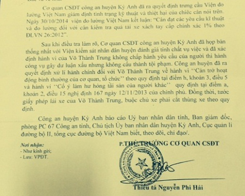 Một phần c&ocirc;ng văn của C&ocirc;ng an huyện Kỳ Anh gửi c&aacute;c cơ quan chức năng