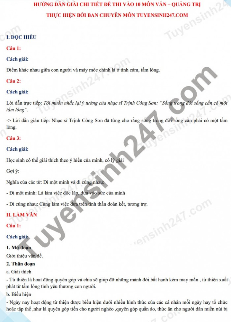 Đ&aacute;p &aacute;n đề thi v&agrave;o lớp 10 m&ocirc;n Ngữ văn tỉnh Quảng Trị năm 2021