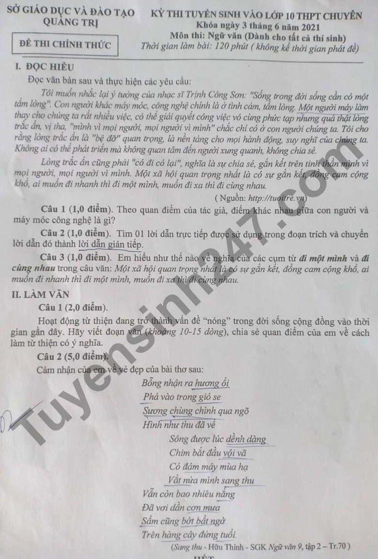 Đ&aacute;p &aacute;n m&ocirc;n Ngữ văn tỉnh Quảng Trị năm 2021 c&acirc;u 1