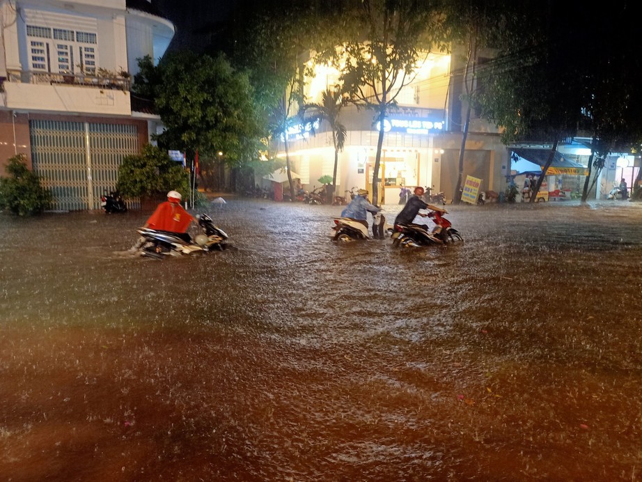 Nhiều tuyến đường ở Quy Nhơn ngập trong nước, người dân bì bỏm dắt xe chết máy - Ảnh 1.