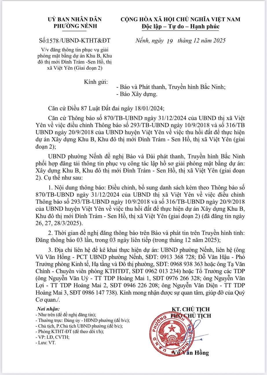 Th&ocirc;ng b&aacute;o thu hồi đất phục vụ GPMB dự &aacute;n Khu đ&ocirc; thị mới Đ&igrave;nh Tr&aacute;m - Sen Hồ (lần 1)- Ảnh 2.