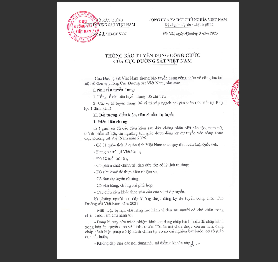 Cục Đường sắt Việt Nam tuyển dụng c&ocirc;ng chức- Ảnh 1.