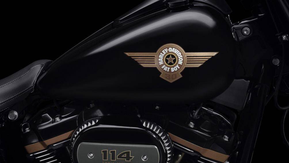 Harley-Davidson Fat Boy 30th Anniversary được phủ bởi lớp sơn màu đen mờ cùng các điểm nhấn màu đồng mang tên Vivid Black Anniversary