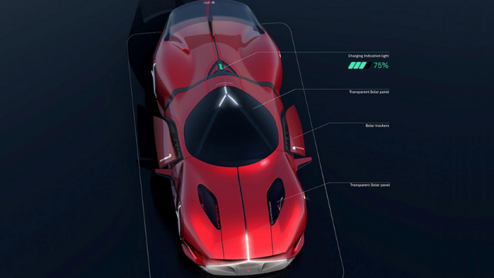 Xe có màu sơn đỏ nổi bật và vận hành hoàn toàn bằng năng lượng mặt trời. Các tấm pin mặt trời trong suốt được tích hợp ở cửa sổ trời và đặt trên nắp capo