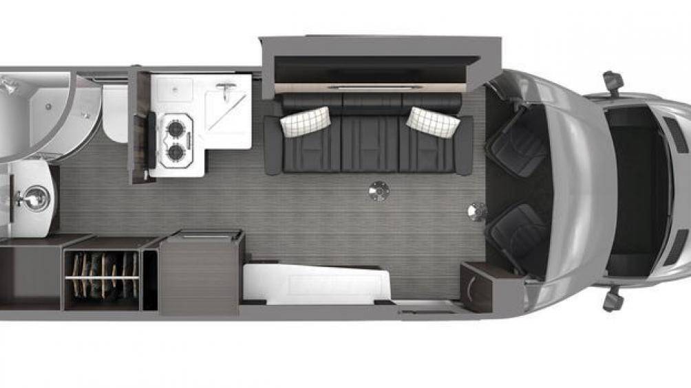 Để mở rộng không gian sống, Airstream đã lắp đặt thêm tấm ốp thân vỏ có thể mở rộng ở bên sườn phía sau ghế tài xế