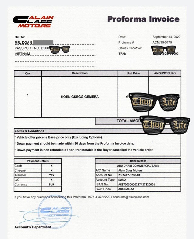 Mới đây, một nhân vật có tiếng trong lĩnh vực nhập khẩu xe hơi trong nước đã đăng tải bức hình hợp đồng đặt mua chiếc Koenigsegg Gemera về Việt Nam