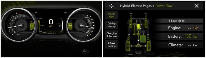Đặc biệt, Jeep Wrangler plug-in hybrid PHEV có thêm giao diện hiển thị chế độ vận hành của động cơ điện và thông tin dung lượng pin