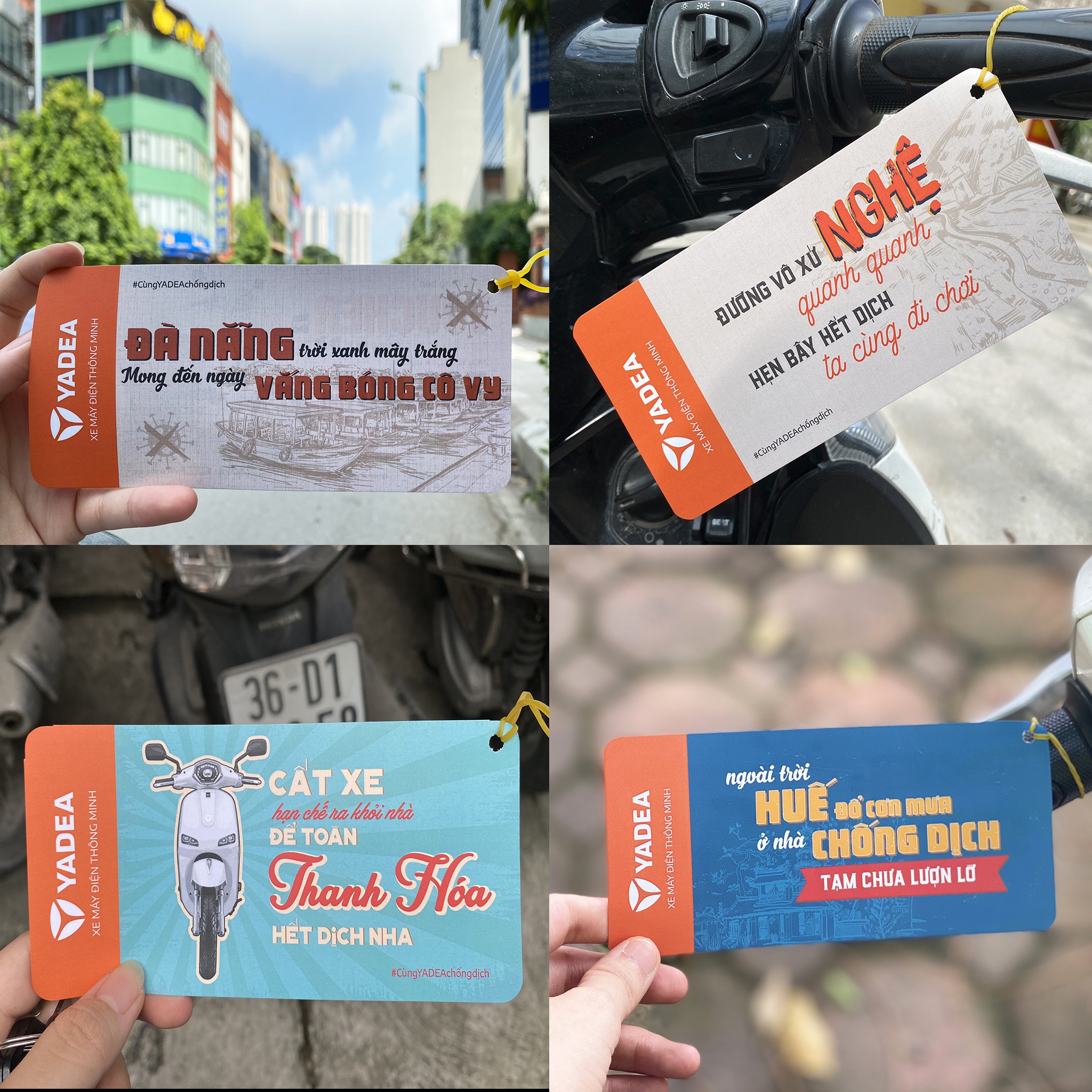 Các tấm treo này được thiết kế theo phong cách cổ động thời bao cấp, chứa thông điệp đầy sáng tạo bằng các câu thơ, câu nói thú vị.