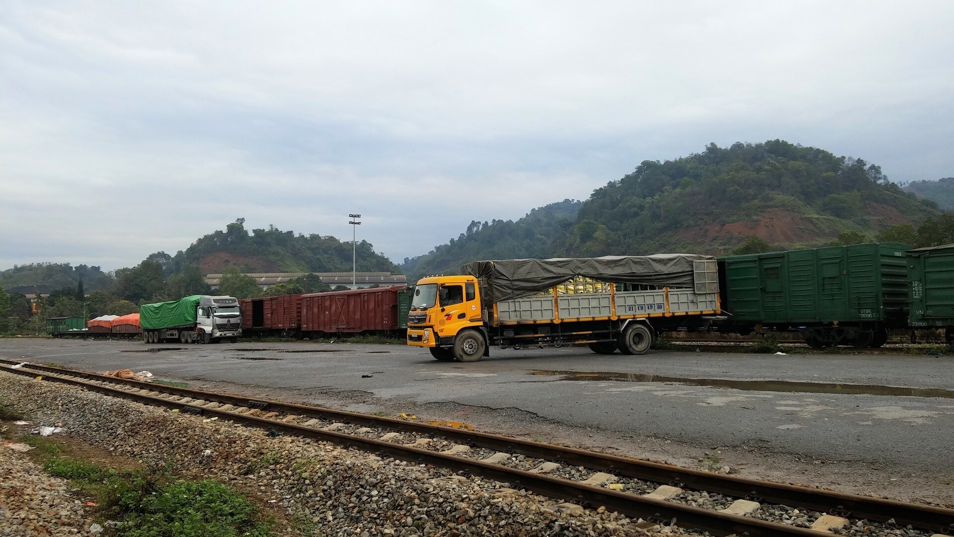 Hàng xuất chủ yếu trên tuyến là hàng nông sản, hoa quả, quặng các loại từ phía Nam ra xuất Trung Quốc và ngược lại hàng nhập là nguyên liệu sản xuất (lá thuốc lá, than, cao su…), phân bón và hóa chất, lưu huỳnh… Ngoài ra còn có luồng hàng quá cảnh từ Trung Quốc đi các nước khác hoặc đi các tỉnh khác của Trung Quốc và ngược lại, như phân bón, hóa chất, quặng các loại.
Ảnh: Xếp dỡ hàng hóa ở bãi hàng ga Lào Cai