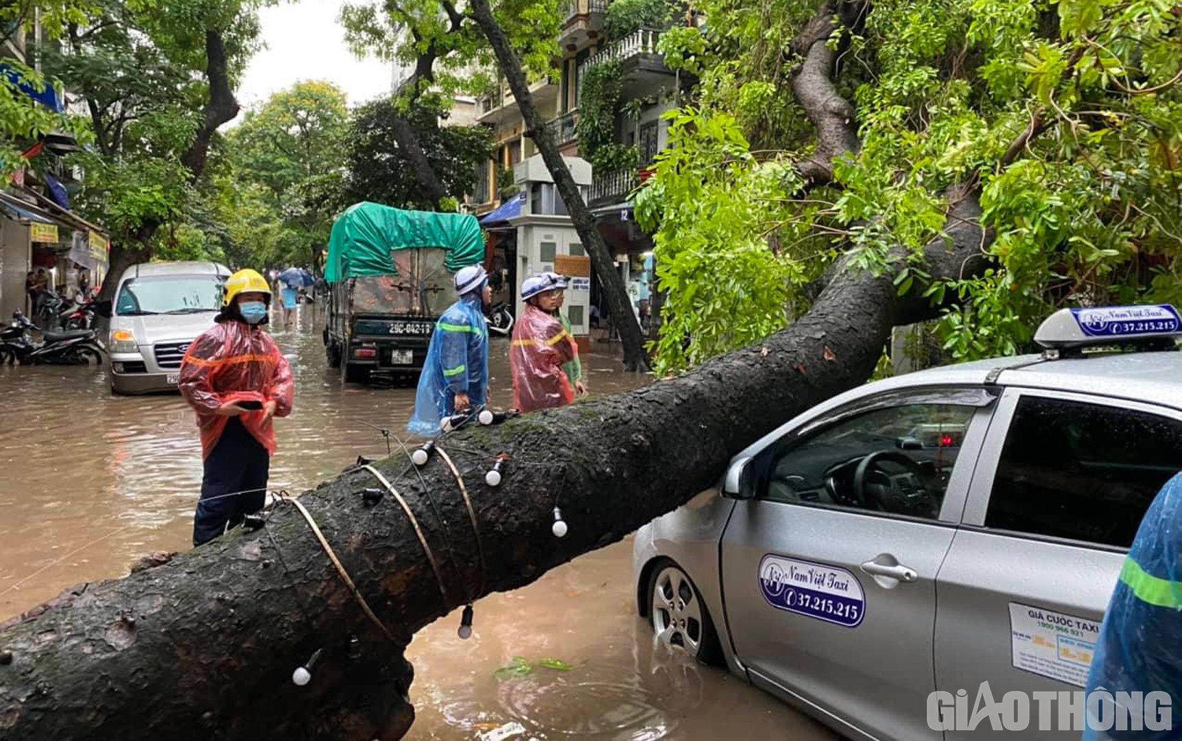 Cây to đổ vào xe taxi tại phố Hàng Chiếu, phường  Hàng Mã, quận Hoàn Kiếm.