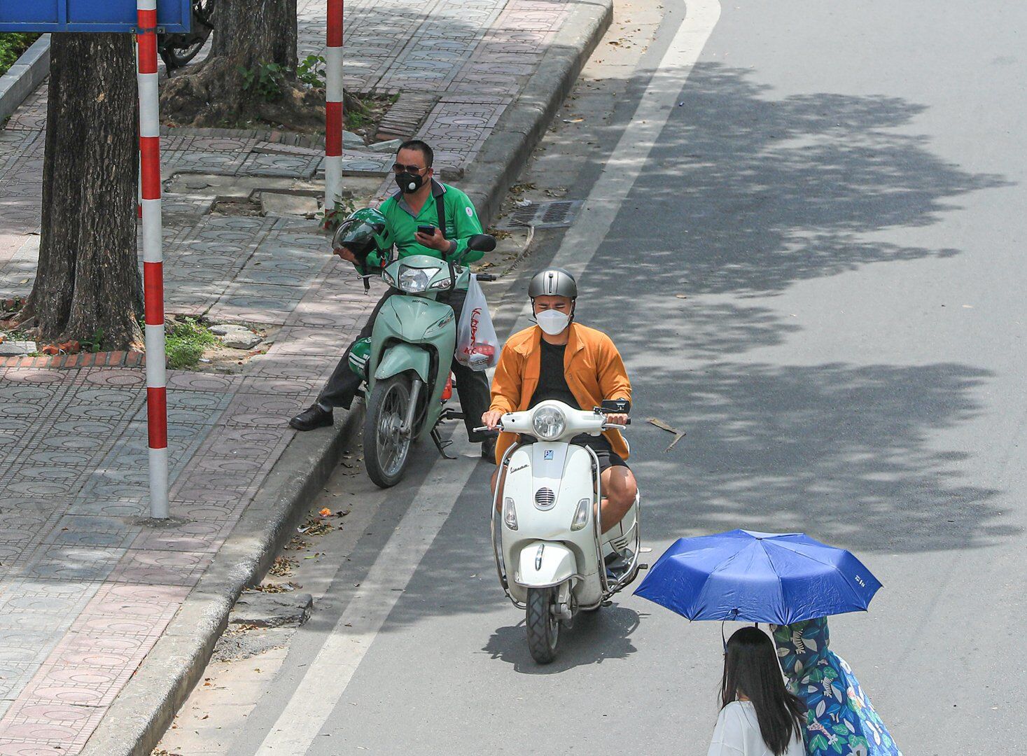 Một số người tham gia giao thông dừng đèn đỏ đã chọn những điểm có bóng cây để dừng.
