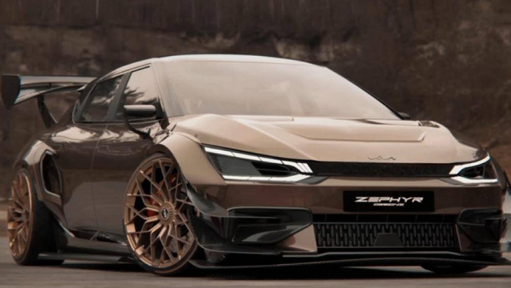 Ở phía trước, Kia EV6 GT có thêm các vây kép ở cản lấy cảm hứng từ những chiếc xe đua DTM, đi kèm bộ chia gió sợi carbon