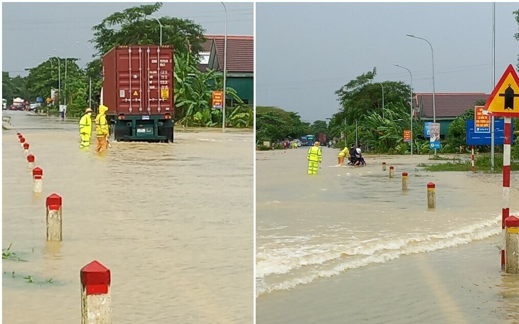 Công an thị xã Thái Hòa điều tiết, phân luồng giao thông qua Quốc lộ 48 thuộc địa phận xóm 3, xã Nghĩa Thuận, thị xã Thái Hòa. (Ảnh: CANA)