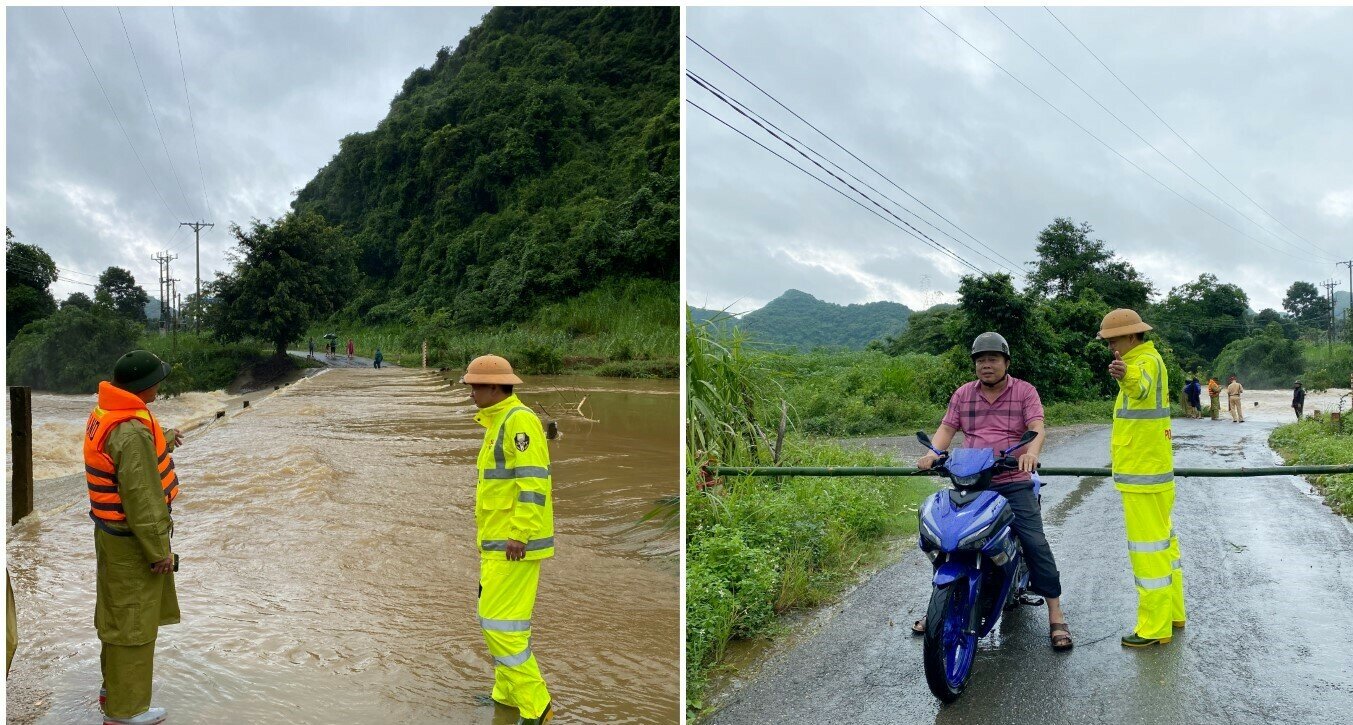 Lãnh đạo Công an huyện Quỳ Hợp chỉ đạo lực lượng Cảnh sát giao thông kiểm tra, chốt chặn các cầu tràn khi nước lũ dâng, chỉ khi đảm bảo an toàn mới cho phép người dân đi lại. (Ảnh: CANA)