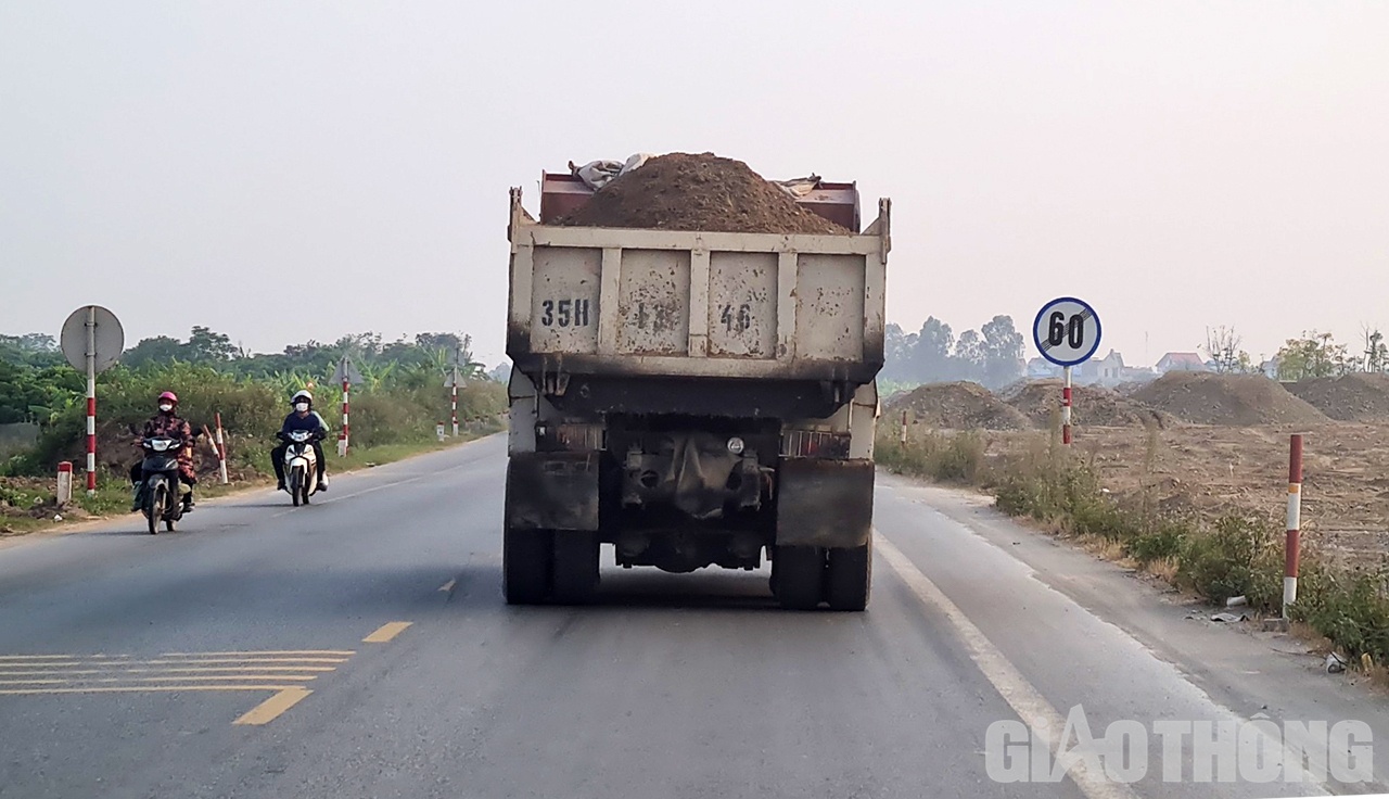 Bất ngờ hơn, toàn bộ các xe vận chuyển đá cấp phối của nhà thầu Xuân Trường đều được xúc có ngọn, cao hơn thành thùng 40 - 50cm...