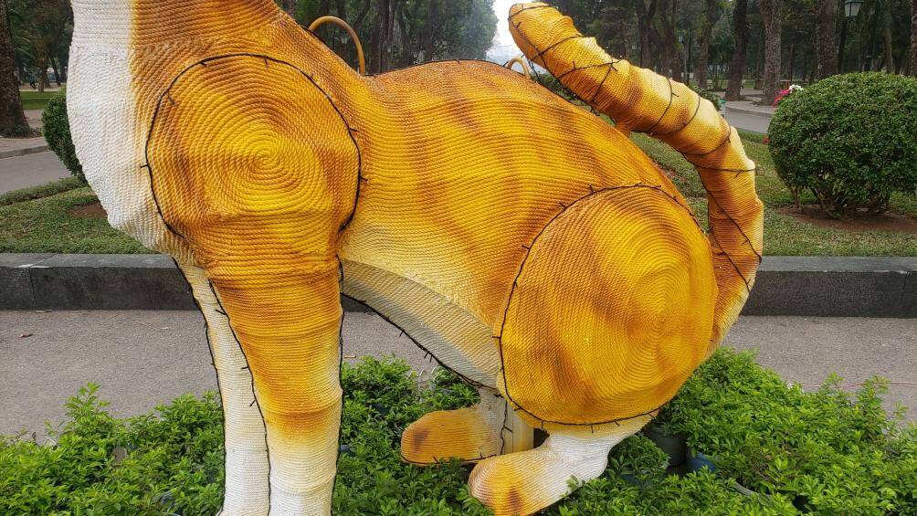 "Mô hình linh vật theo năm thường được dựng tại Công viên Thống Nhất dịp gần Tết, tuy nhiên tạo hình mèo nhưng sao không giống mèo", chị Linh, nhà ở Thanh Nhàn, quận Hai Bà Trưng, Hà Nội vừa ngắm nghía linh vật này vừa cho hay.