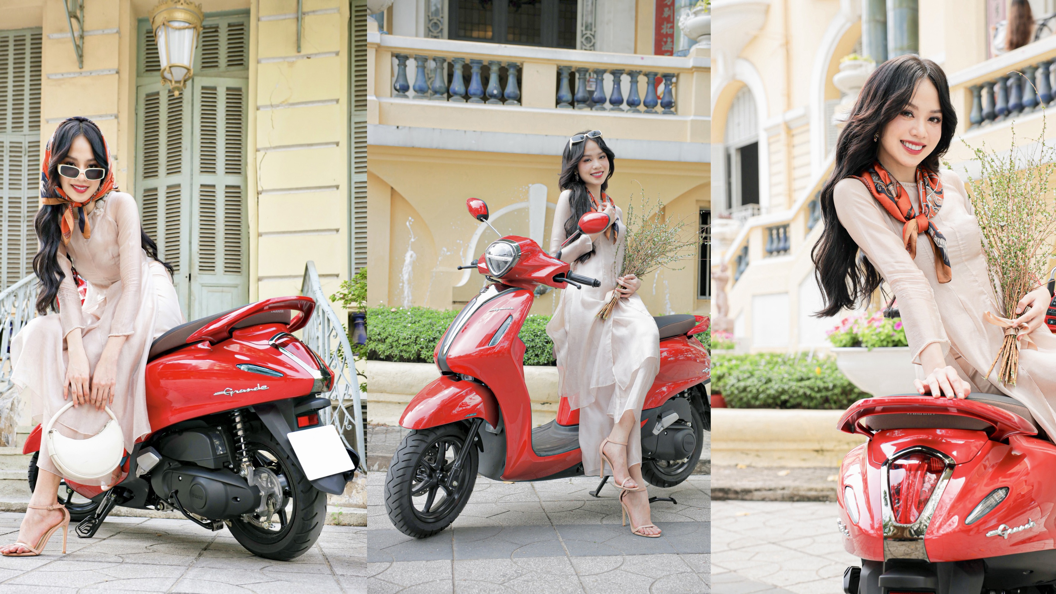 Tà áo dài thướt tha tưởng chừng chỉ hợp với những “concept” nàng thơ hay dịu dàng. Nhưng khi kết hợp với một chút phụ kiện như chiếc khăn lụa mỏng, chiếc kính râm và người bạn đồng hành Yamaha Grande lại tạo nên nét cuốn hút nhưng đầy duyên dáng cho hoa hậu Việt Nam 2022 Huỳnh Thị Thanh Thuỷ