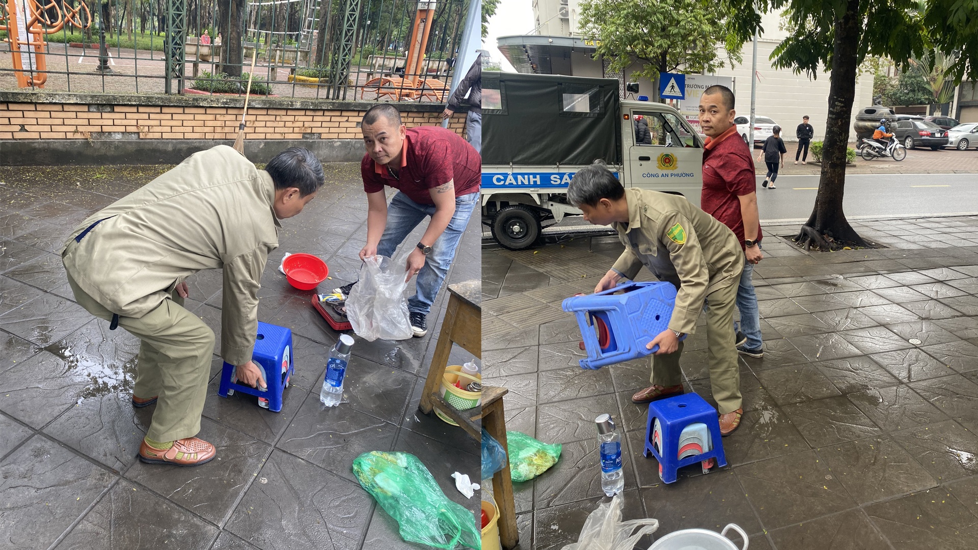 Cùng với đó là thu giữ dụng cụ bán nước của các hàng quán như bàn ghế, thùng xốp...