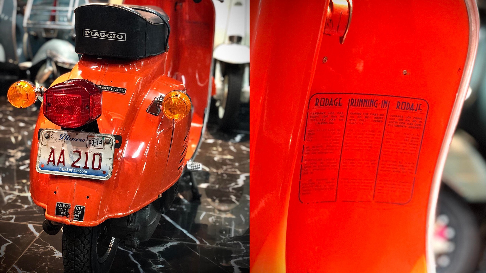 Chiếc Primavera trong bài vẫn giữ được nhiều chi tiết nguyên bản như logo tên xe trước/sau, hướng dẫn chạy roda trên yếm hay biển số Mỹ