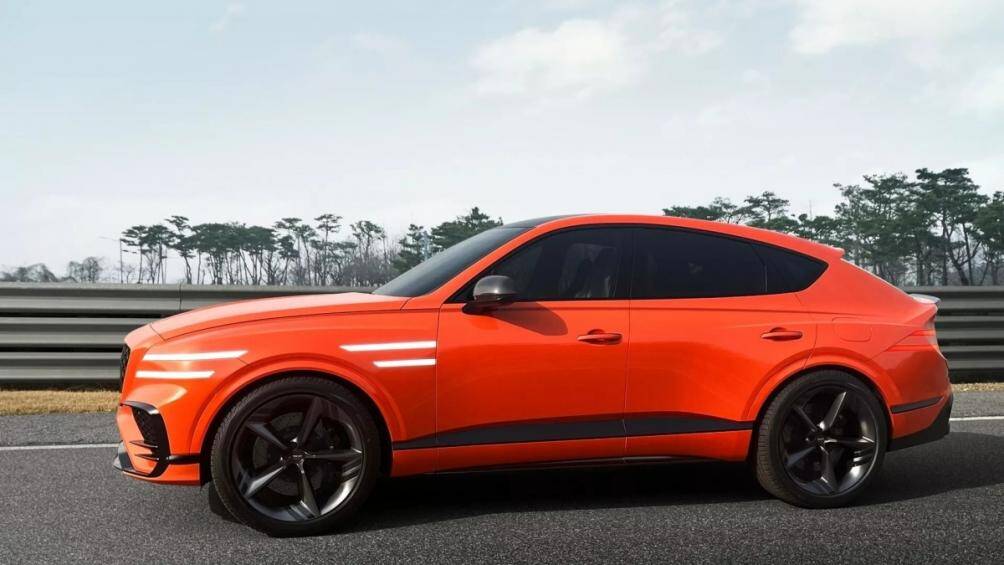 Phần đầu xe Genesis GV80 Coupe Concept là khu vực nổi bật nhất với đèn pha LED mảnh sử dụng công nghệ chùm sáng đa tia mới