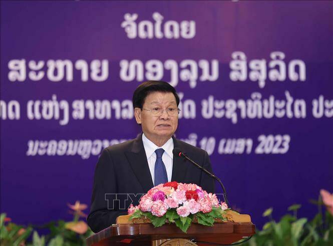 Tổng Bí thư, Chủ tịch nước Lào Thongloun Sisoulith phát biểu tại tiệc chiêu đãi.