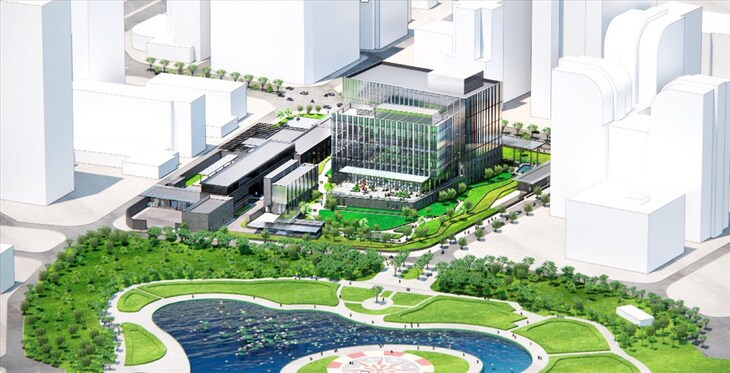 Khu phức hợp có diện tích 3,2 hecta, với quy mô xây dựng 39.000 m2 nằm giữa không gian thành phố và công viên Cầu Giấy, Hà Nội. Thiết kế tòa nhà được lấy cảm hứng từ vịnh Hạ Long.
Thiết kế cảnh quan của khu phức hợp được lấy cảm hứng từ truyền thống nông nghiệp trồng trọt và sản xuất lúa gạo, như địa hình của Đồng bằng Sông Cứu Long và Đồng bằng sông Hồng. (Ảnh: ĐSQ Mỹ)