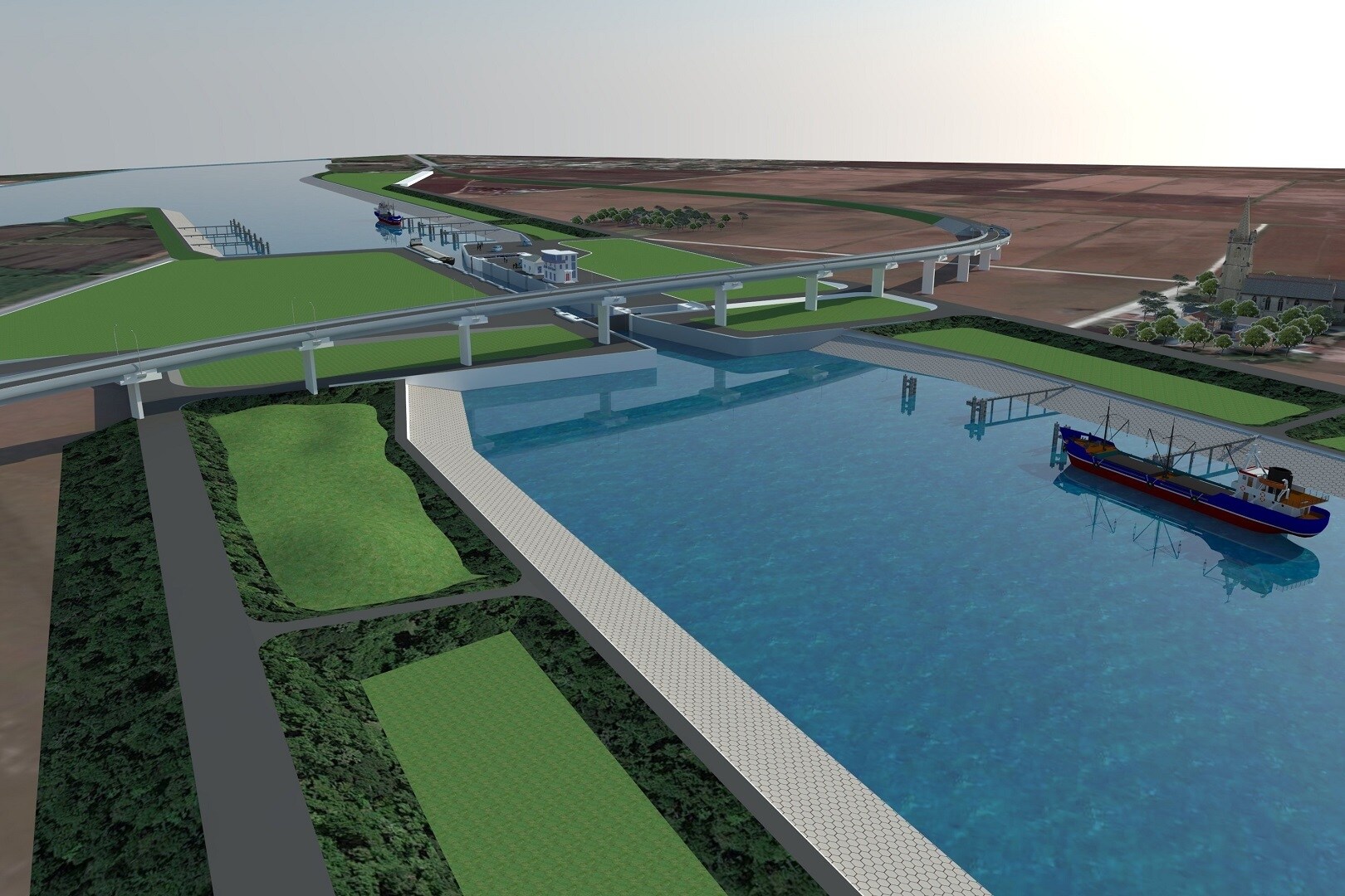 Sau khi hoàn thành cụm công trình này sẽ phát huy được hiệu quả cao nhất của cụm công trình cải tạo luồng qua cửa Lạch Giang (đã hoàn thành đưa vào sử dụng năm 2016). Theo đó, giúp cho tàu có trọng tải 2.000 tấn đầy tải và 3.000 tấn giảm tải đi qua sông Ninh Cơ vào sông Đáy và ngược lại, như vậy có thể đi sâu vào đất liền đến cụm cảng Ninh Bình, Ninh Phúc, rút ngắn 20% thời gian hành trình phương tiện thủy từ các tỉnh ven biển đến Ninh Bình và ngược lại (Ảnh: Phối cảnh cụm công trình khi đi vào khai thác)