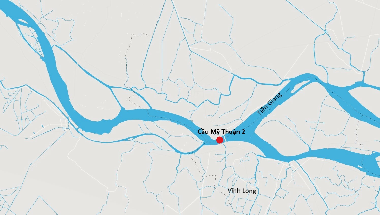 Vị trí cầu Mỹ Thuận 2 nối Tiền Giang và Vĩnh long. Đồ họa: Thư Trần.