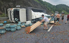 Lật xe tải, cả tấn dâu tây đổ xuống cao tốc Nội Bài - Lào Cai