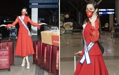 Đỗ Thị Hà diện "cây đỏ" rực góc sân bay, mang 200kg hành lý đi thi nhan sắc