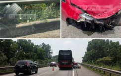 Ô tô con văng bánh, biến dạng sau va chạm với xe khách trên cao tốc