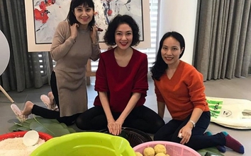Hoa hậu Nguyễn Thị Huyền gói bánh chưng cùng vợ con Chu Đăng Khoa