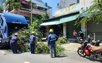 Công nhân nỗ lực dọn dẹp nhiều tuyến đường TP.HCM sau cơn giông đêm qua